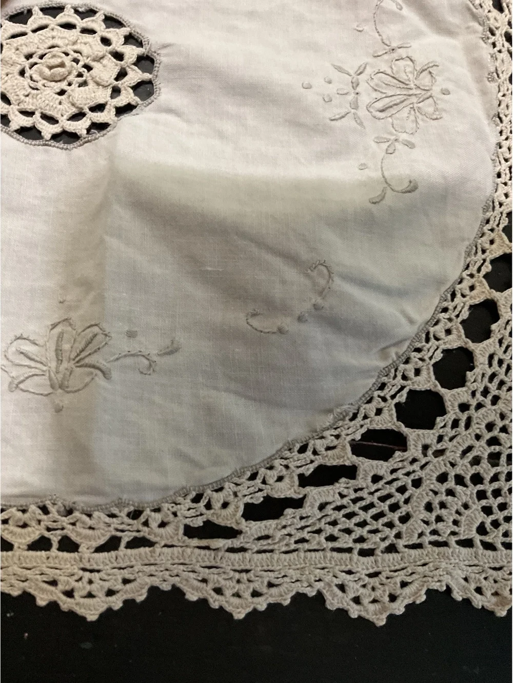 Handcrafted Embroidered Linen Table Runner with Crochet Lace 52” x 14 1/2”